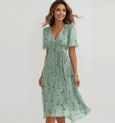 Floral Embroidered V-Neck Flutter Sleeve Wrap Midi Dress 3