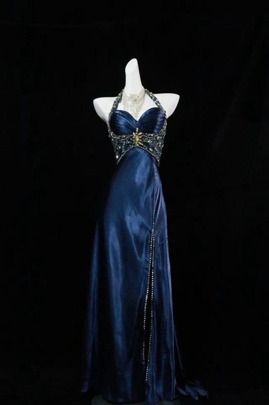 Gorgeous Halter Beaded Navy Blue Prom Dress Slit Party Evening Dress cc1921