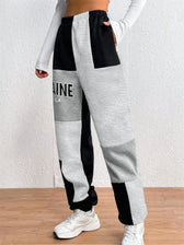 Color Block Jogger Letter Patchwork Print Knitting Casual Slant Pocket Pants Black / S