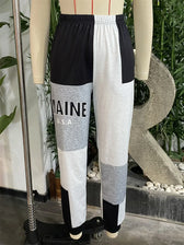 Color Block Jogger Letter Patchwork Print Knitting Slant Pocket Pants