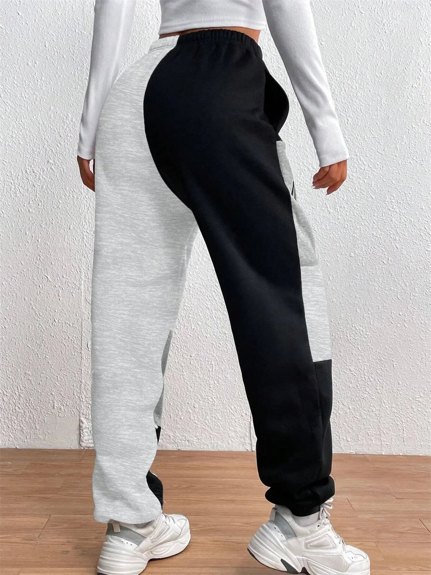 Color Block Jogger Letter Patchwork Print Knitting Slant Pocket Pants