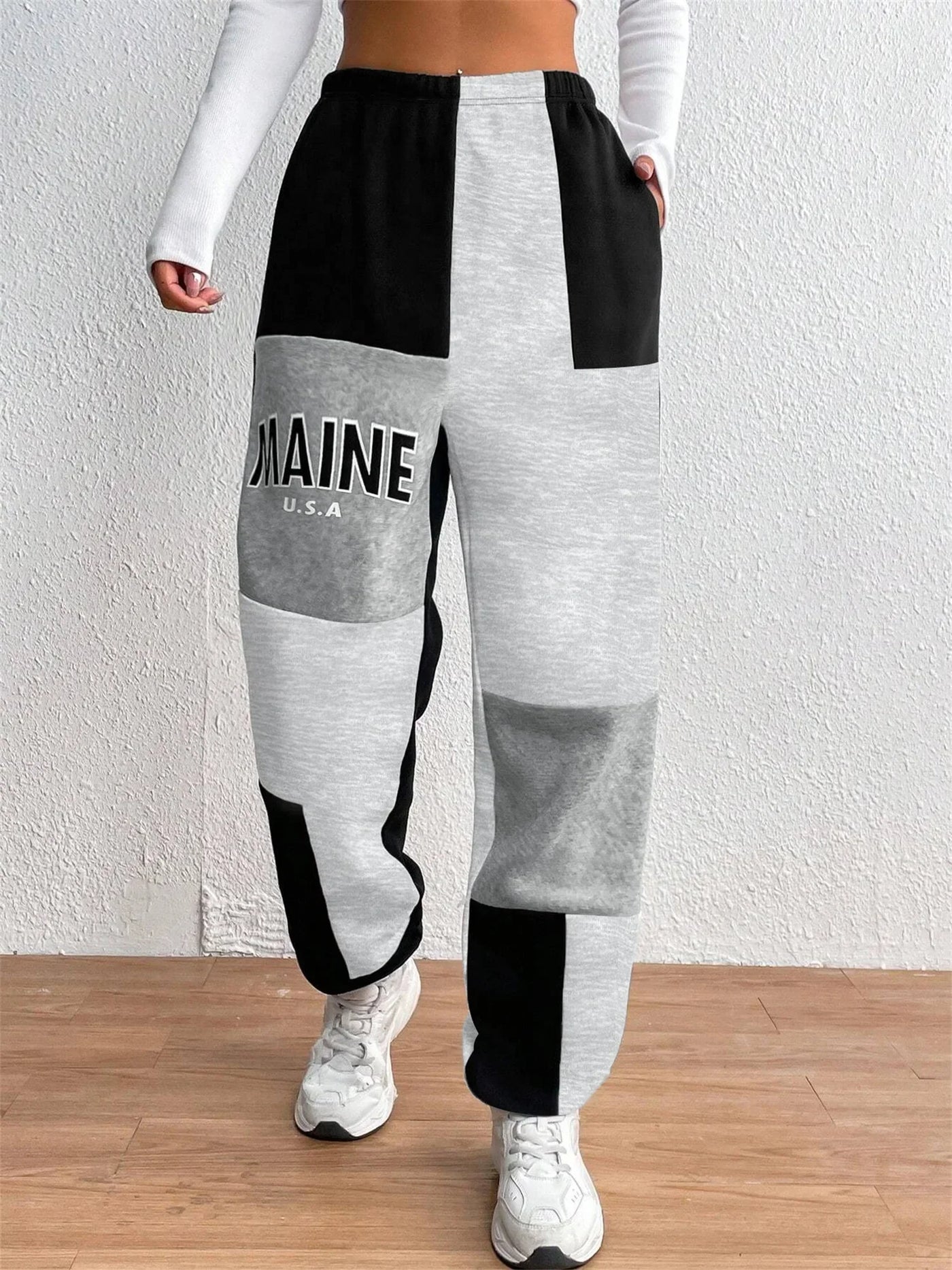 Color Block Jogger Letter Patchwork Print Knitting Slant Pocket Pants