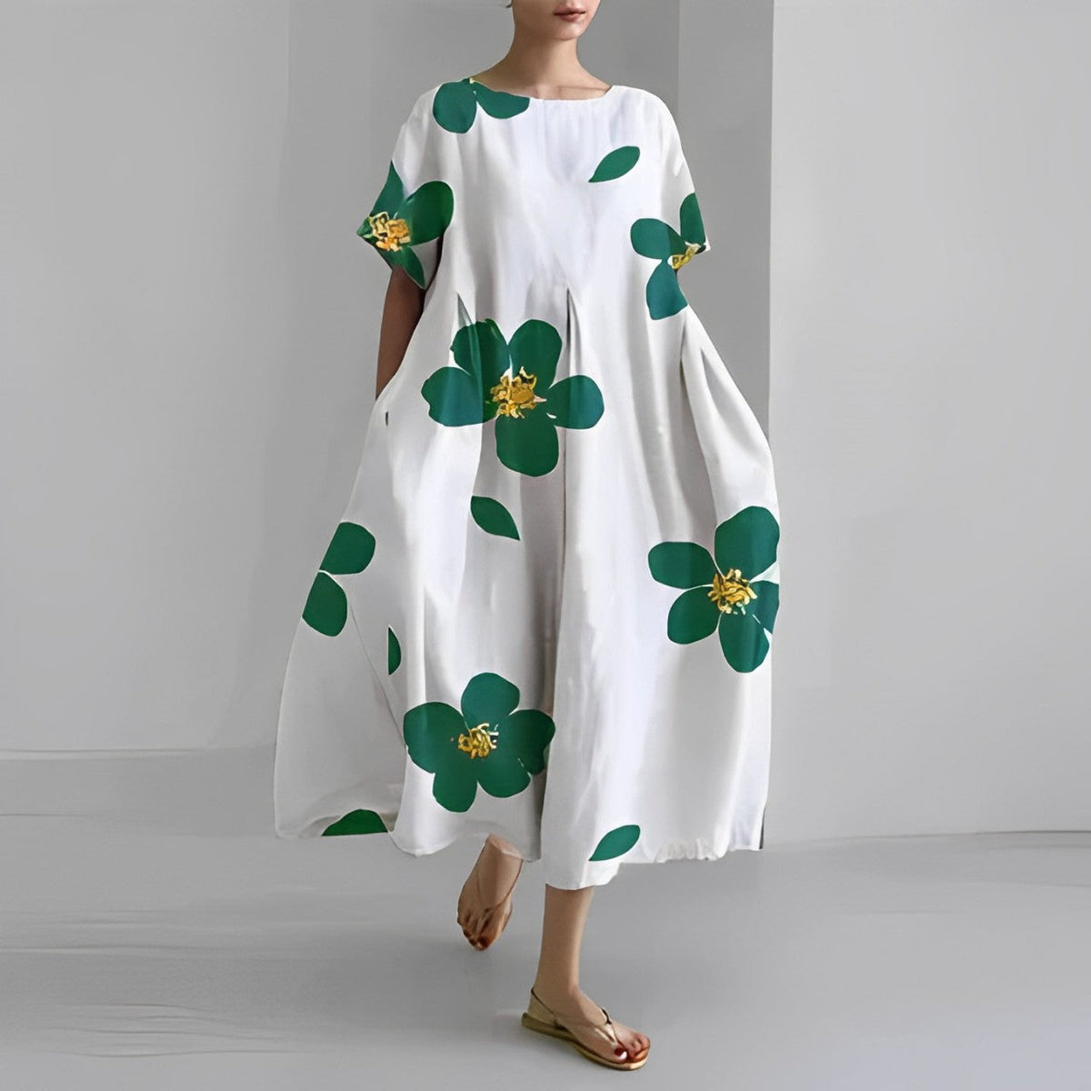 Floral Print Short Sleeve Pocket Pleated Midi Dress