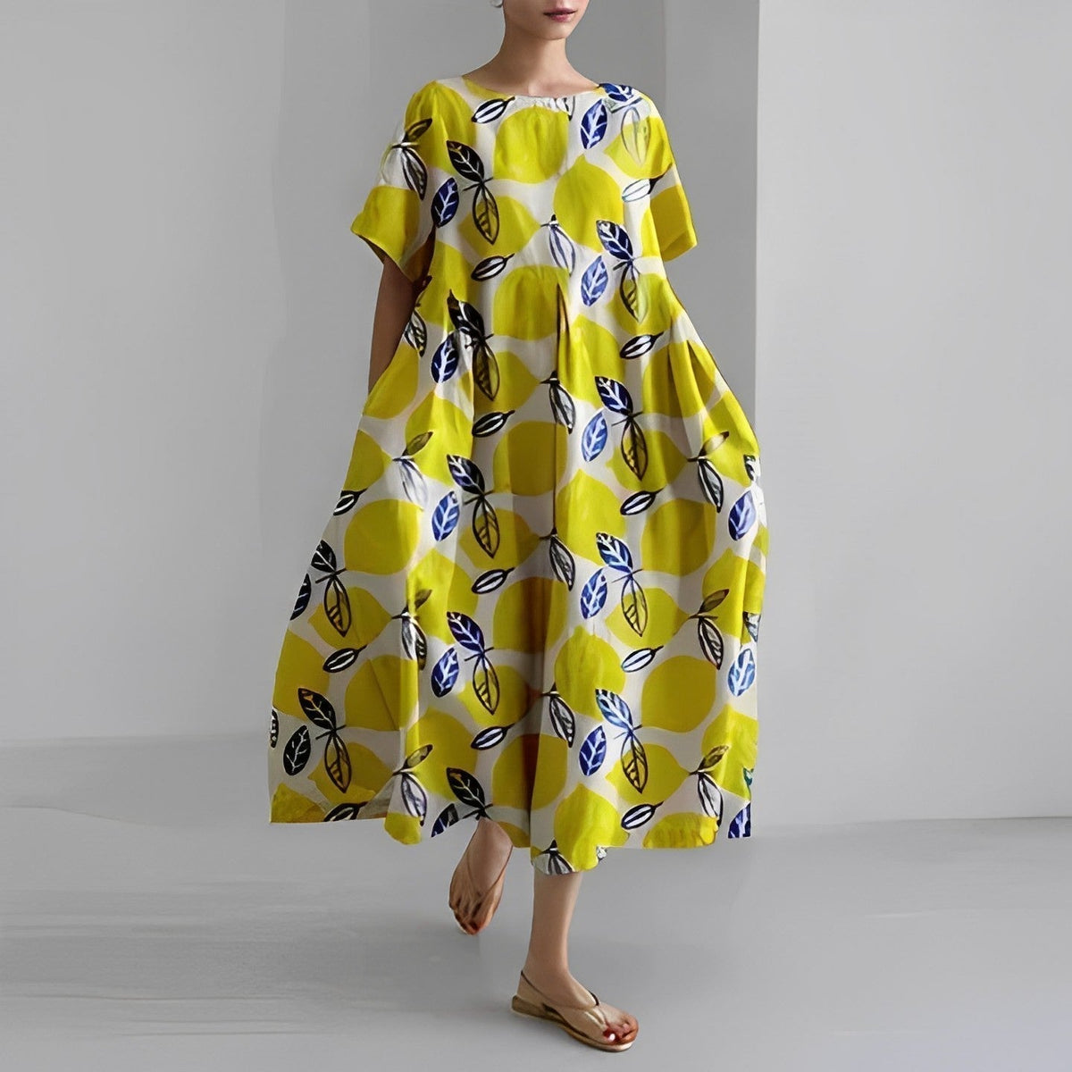 Abstract Floral Round Neck Short Sleeve Pleated Maxi Dress