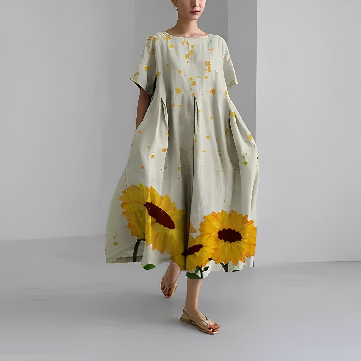 Floral Print Short Sleeve Pocket Pleated Midi Dress