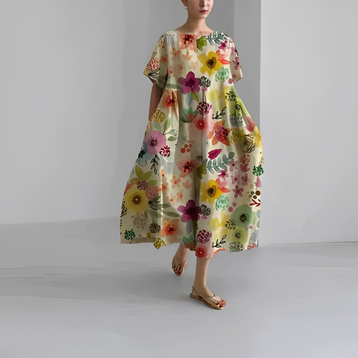 Abstract Floral Round Neck Short Sleeve Pleated Maxi Dress