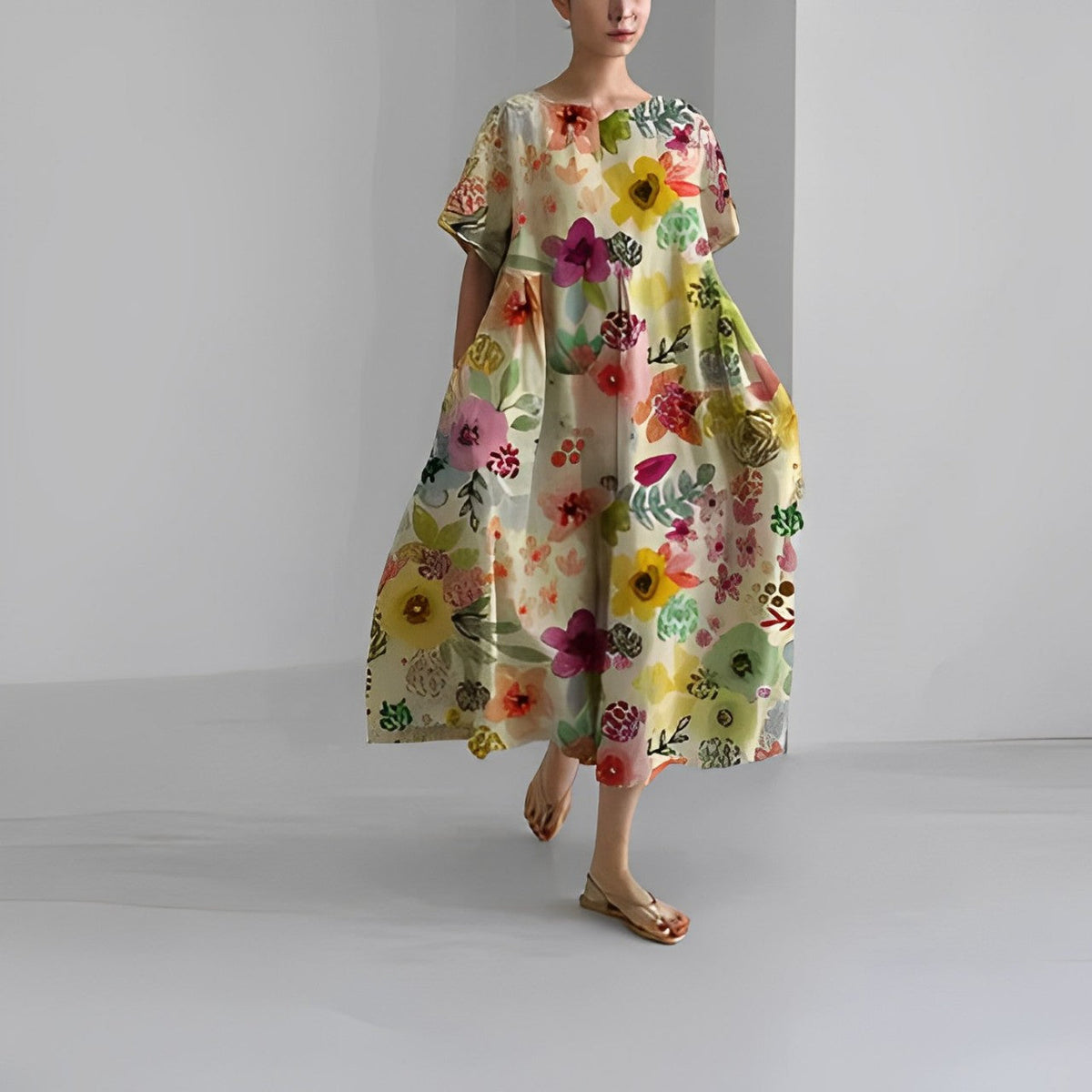 Floral Print Short Sleeve Pocket Pleated Midi Dress