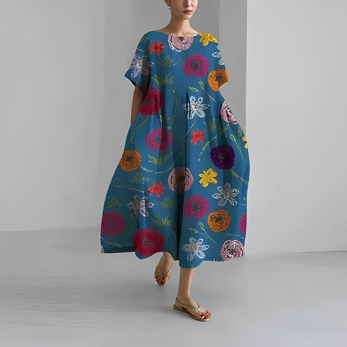 Floral Print Short Sleeve Pocket Pleated Midi Dress