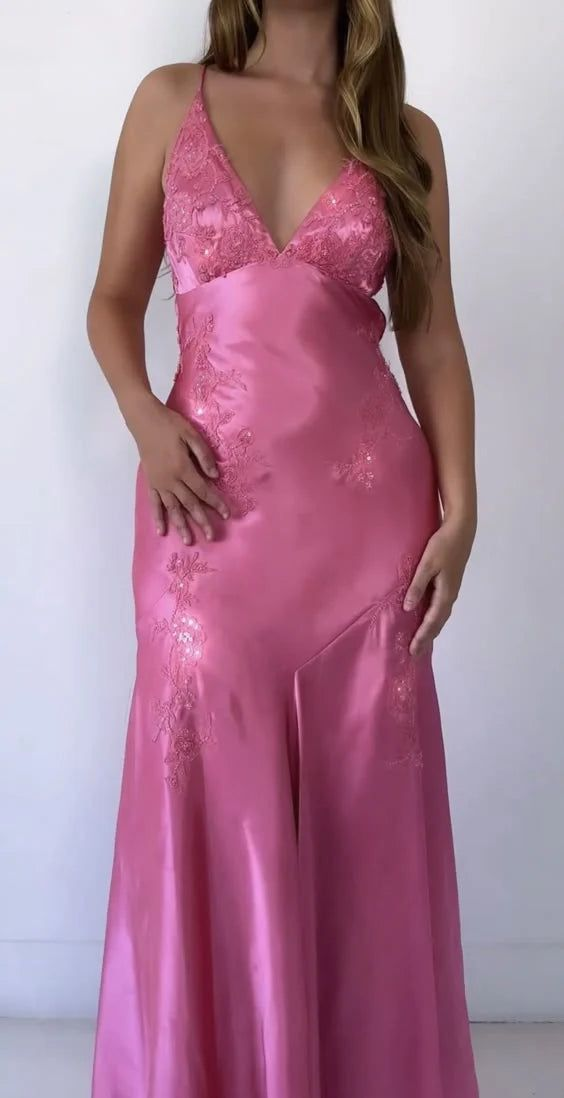 Unique Pink Satin Beaded Mermaid Evening Dress Long Prom Dress cc1846