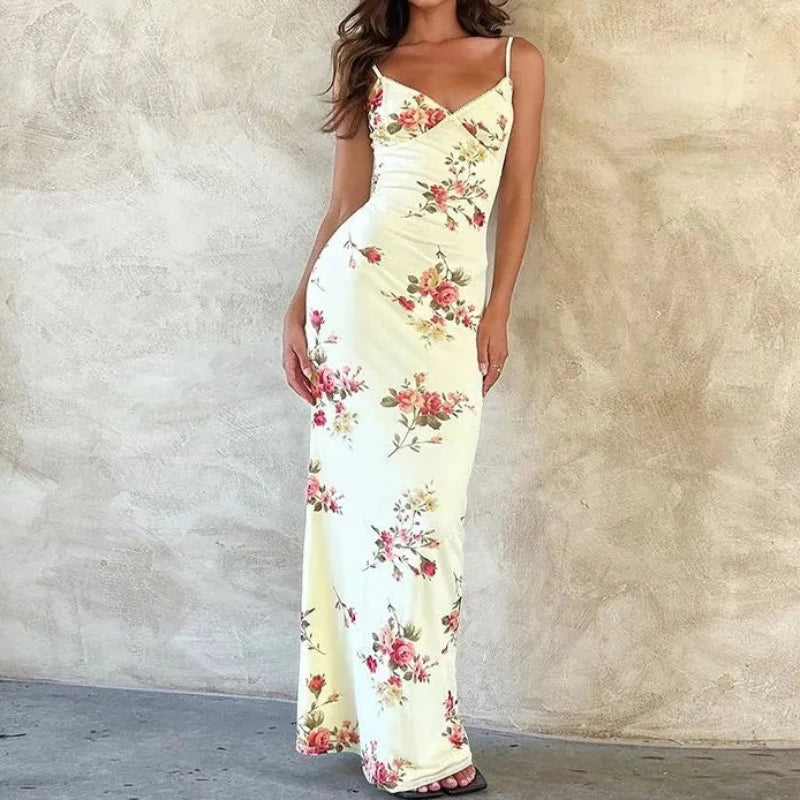 Floral Mesh V-Neck Spaghetti Strap Bodycon Maxi Dress 7