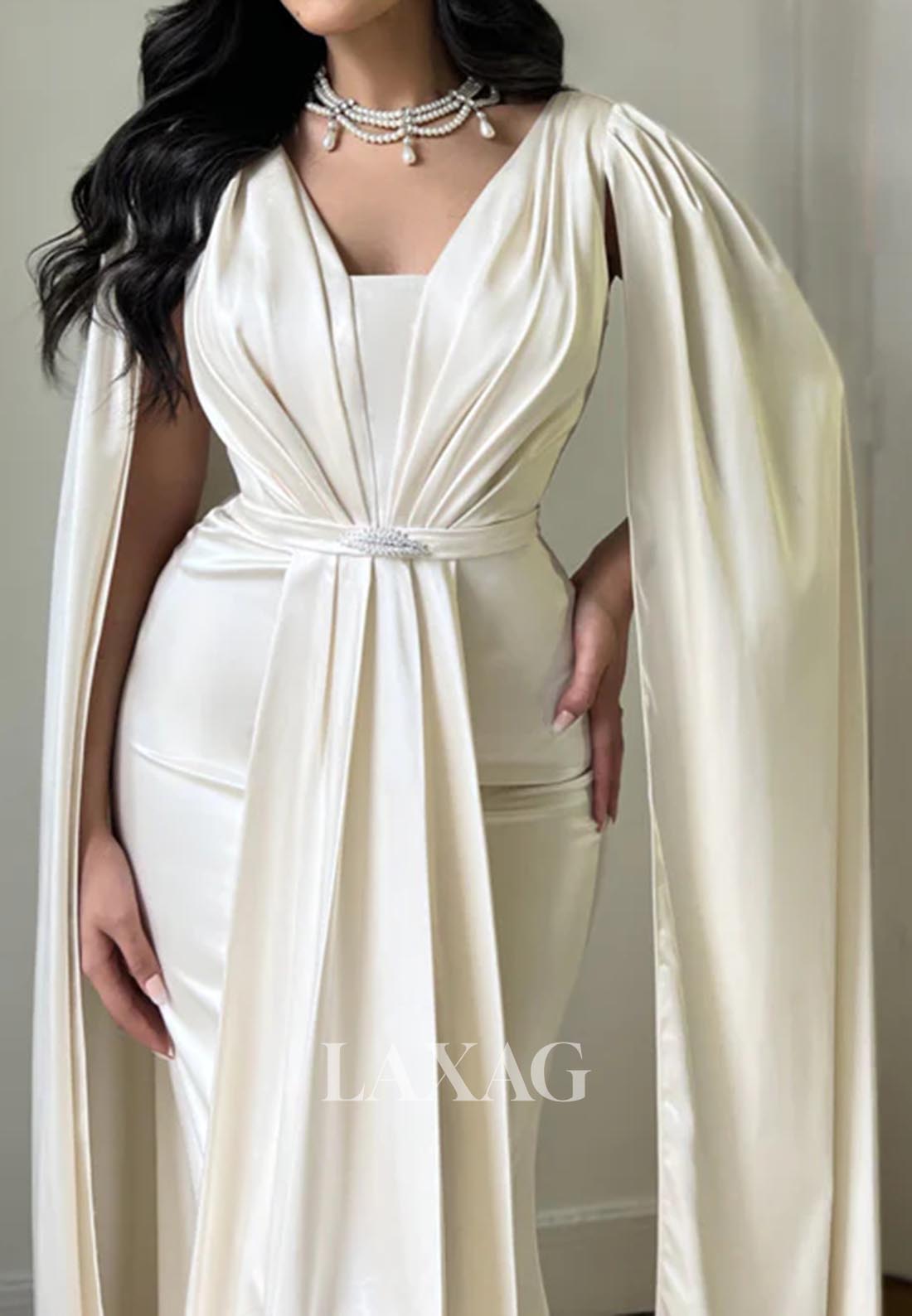 Cap-Sleeves Pleated Satin Bride Gowns Tube Top Sweep Train Mermaid Wedding Dress