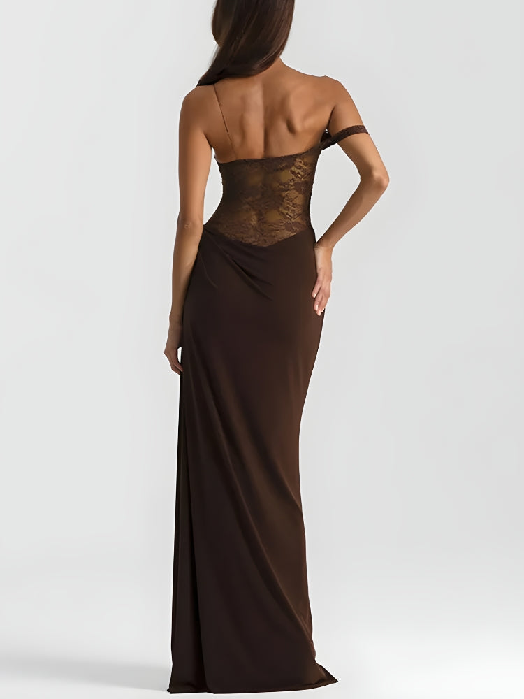 Sheer Lace Corset Bodice Off Shoulder Draped Maxi Dress 3
