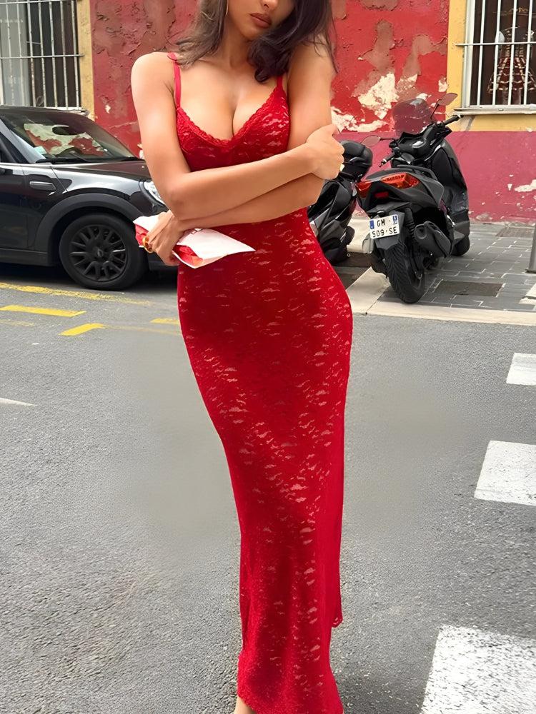 Lace V-Neck Spaghetti Strap Bodycon Maxi Dress
