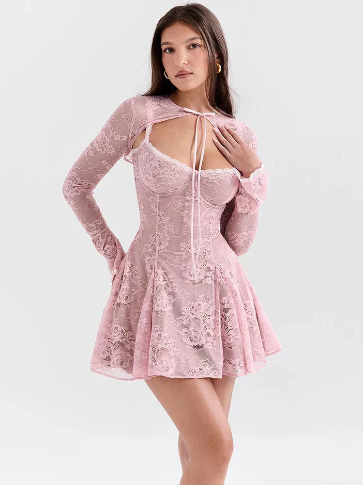 Lace Cami Mini Dress and Tie Front Long Sleeve Bolero Two Piece Set 3