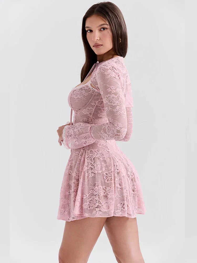 Lace Cami Mini Dress and Tie Front Long Sleeve Bolero Two Piece Set 4