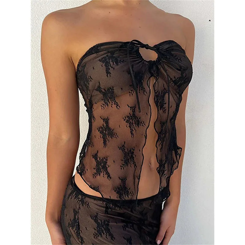 Strapless Sheer Floral Lace Mesh Tie Front Split Hem Top 6