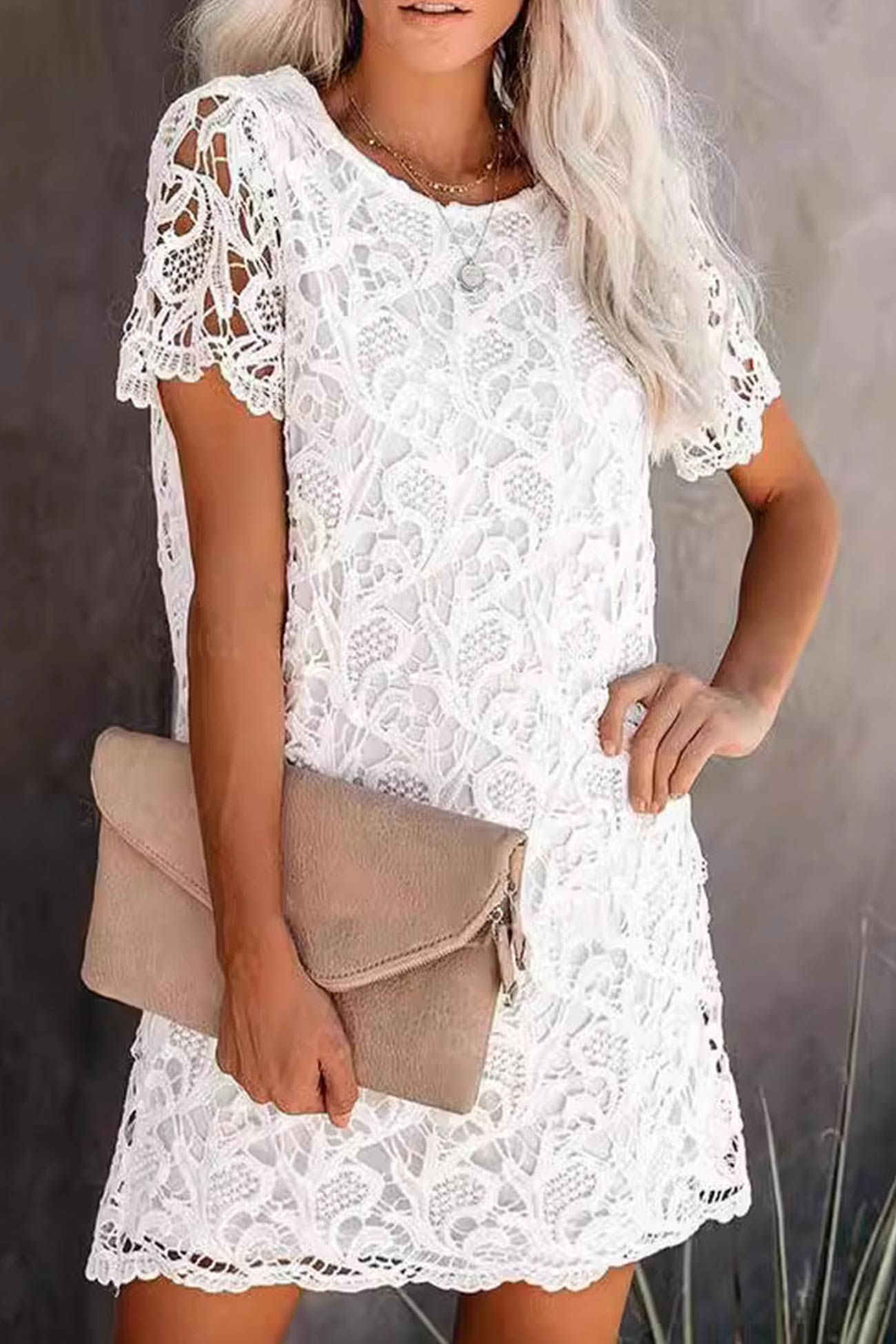Lace Crew Neck Short Sleeve Mini Dress in White - View 2
