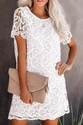 Lace Crew Neck Short Sleeve Mini Dress in White - View 2