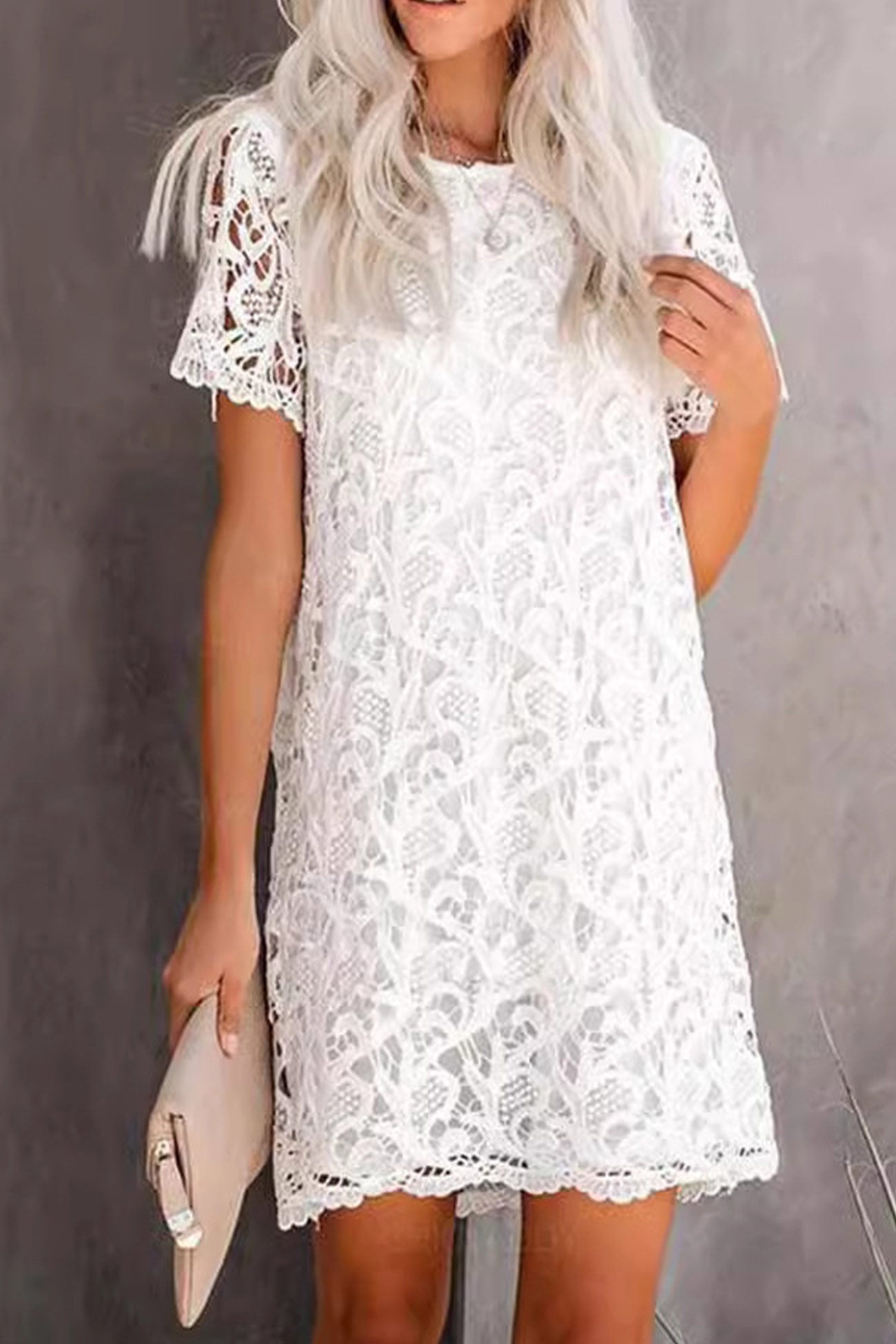 Lace Crew Neck Short Sleeve Mini Dress in White