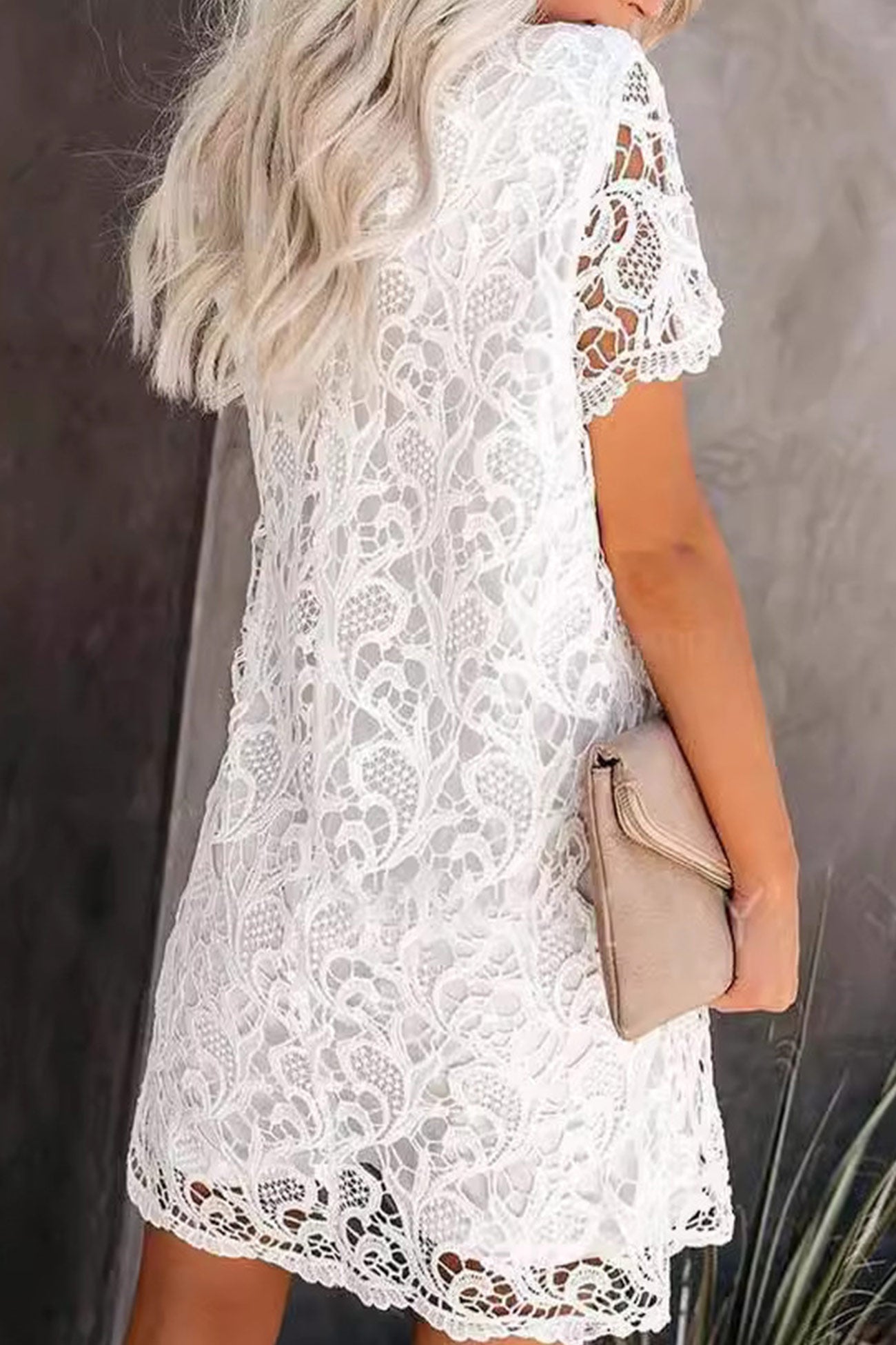 Lace Crew Neck Short Sleeve Mini Dress in White - View 3