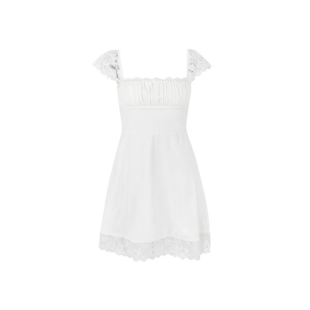 Lace Trim Square Neck Ruched Fit and Flare Mini Dress 5