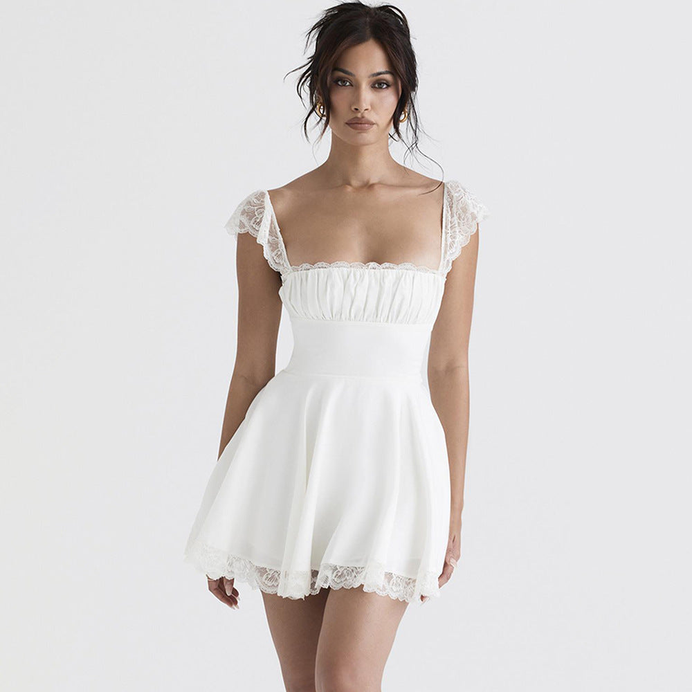 Lace Trim Square Neck Ruched Fit and Flare Mini Dress 6