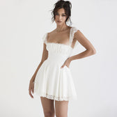 Lace Trim Square Neck Ruched Fit and Flare Mini Dress 16
