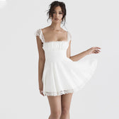 Lace Trim Square Neck Ruched Fit and Flare Mini Dress 17