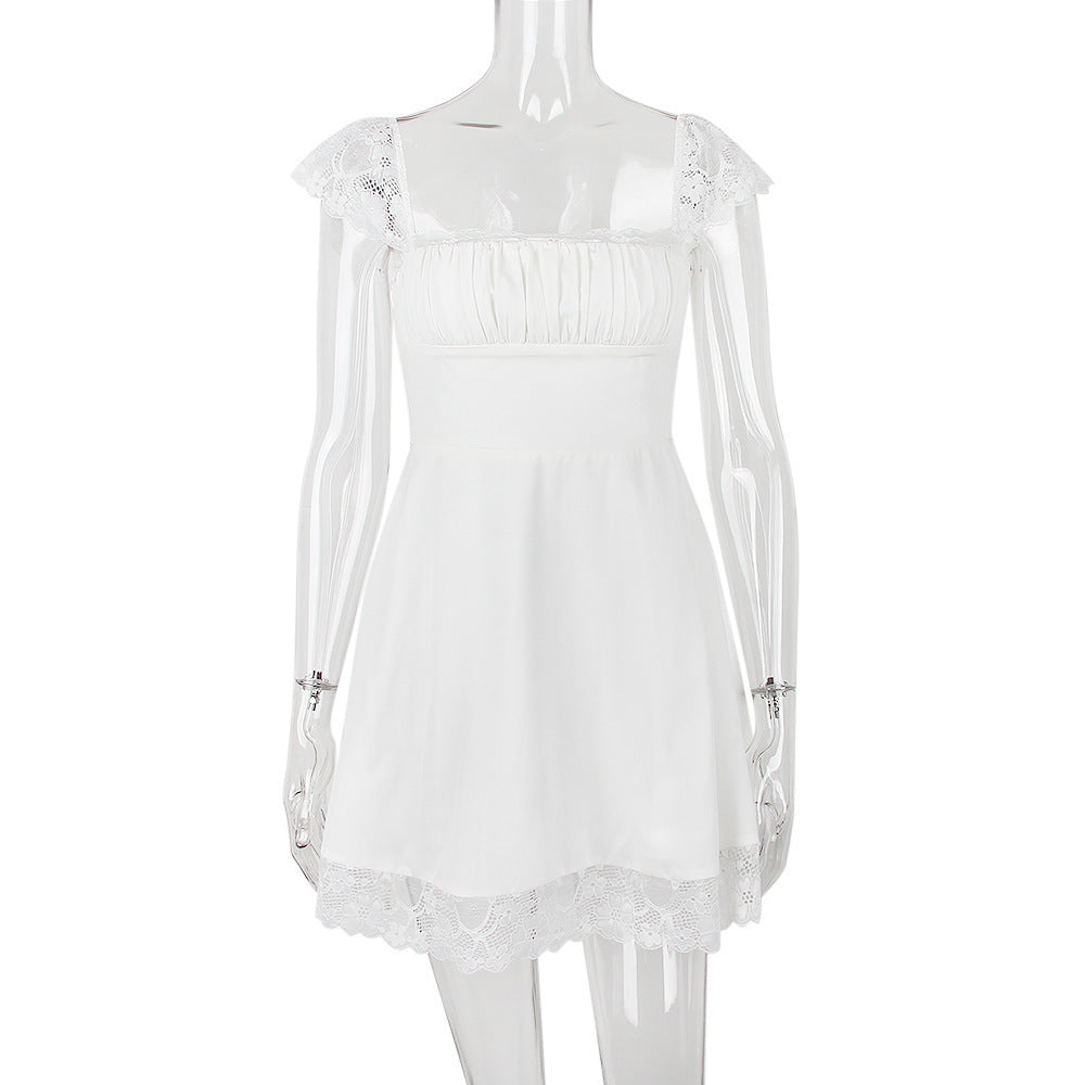Lace Trim Square Neck Ruched Fit and Flare Mini Dress 29