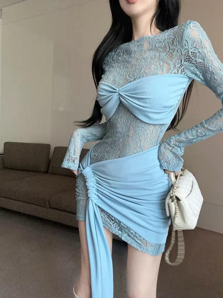 Sheer Lace Long Sleeve Ruched Side Drape Bodycon Mini Dress 2