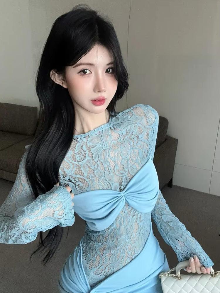 Sheer Lace Long Sleeve Ruched Side Drape Bodycon Mini Dress 4