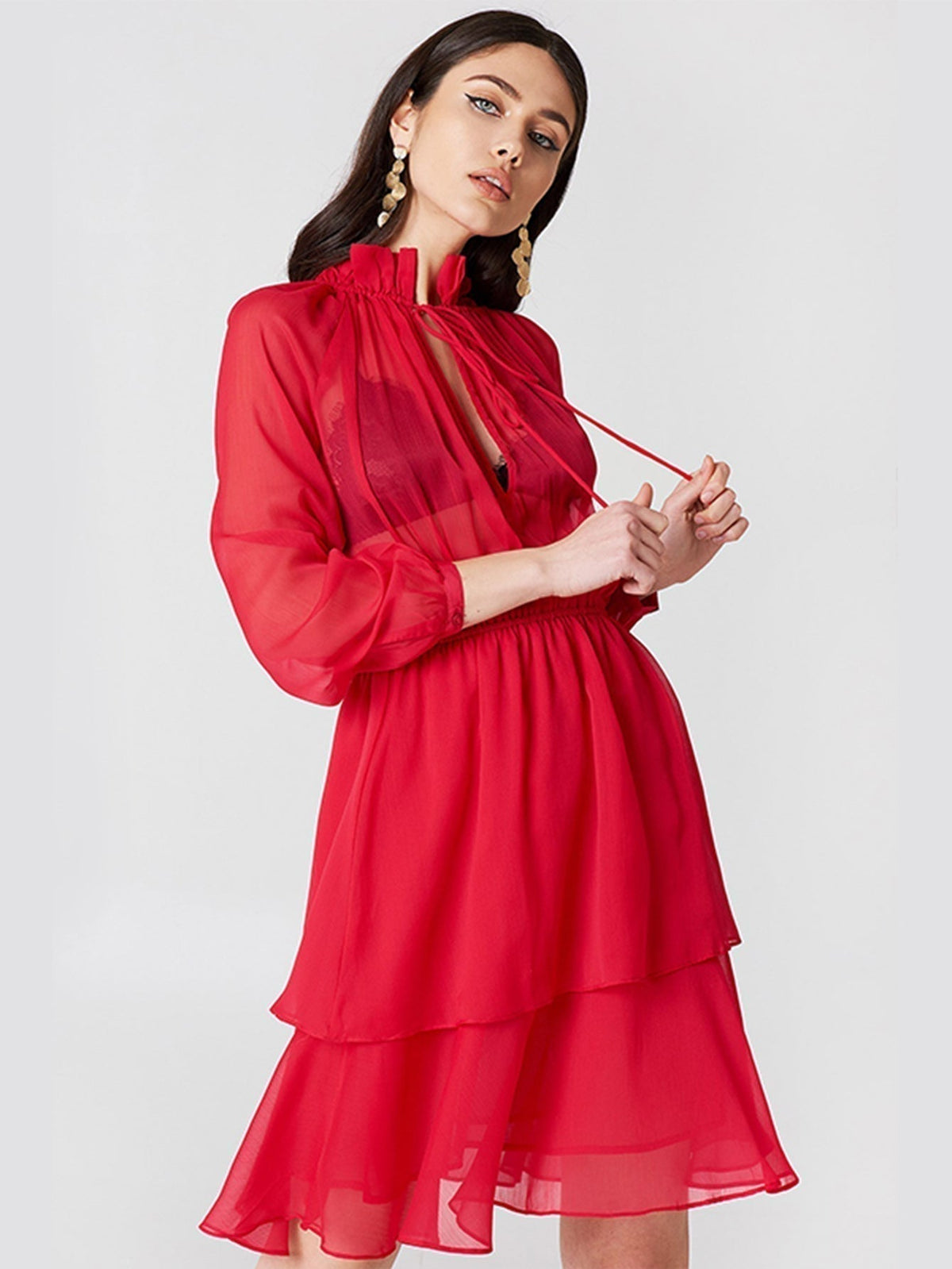 Sheer Chiffon Ruffle Collar Tie Neck Long Sleeve Tiered Mini Dress