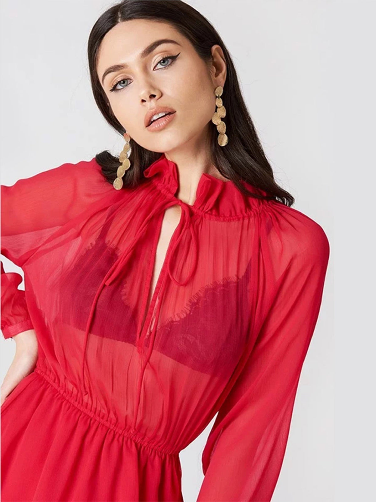 Sheer Chiffon Ruffle Collar Tie Neck Long Sleeve Tiered Mini Dress 3