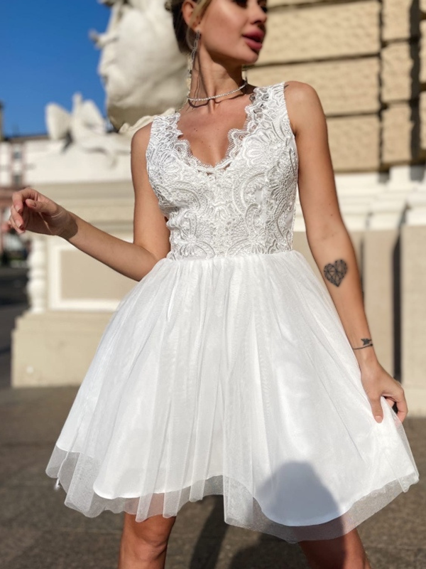 Lace Bodice V-Neck Sleeveless Tulle Skirt A-Line Mini Dress