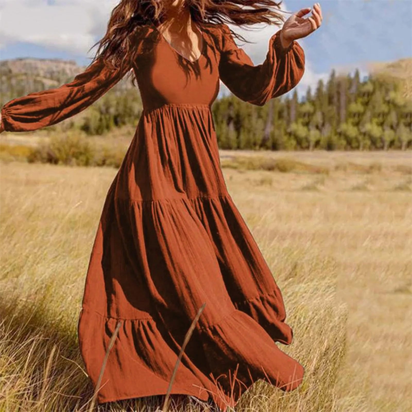 Plus Size Solid Color VNeck ALine Boho Maxi Dress