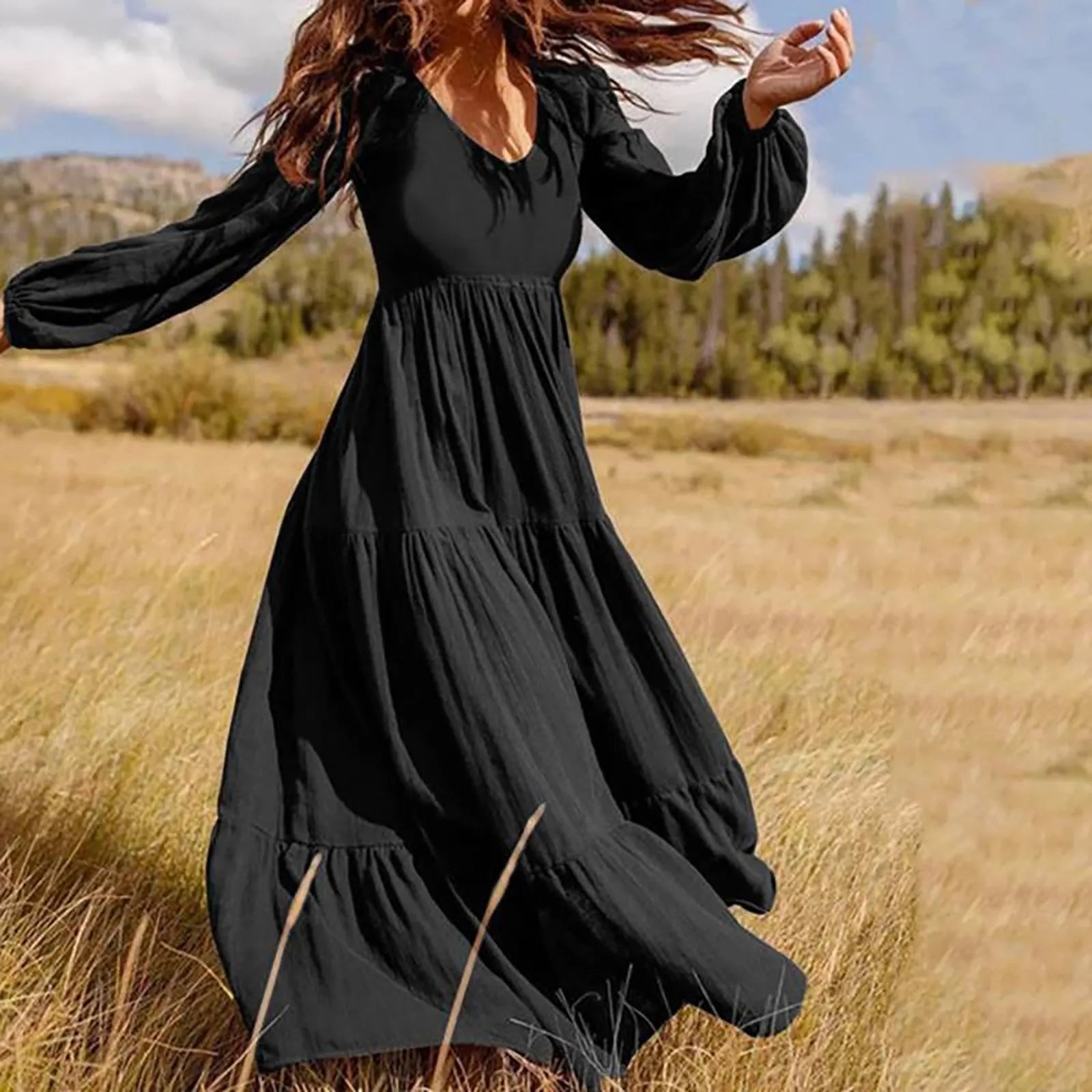 Plus Size Solid Color VNeck ALine Boho Maxi Dress