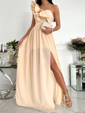 Off Shoulder Diagonal Collar Ruffle Hem Evening Maxi Dress 3