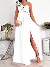 Off Shoulder Diagonal Collar Ruffle Hem Evening Maxi Dress 6