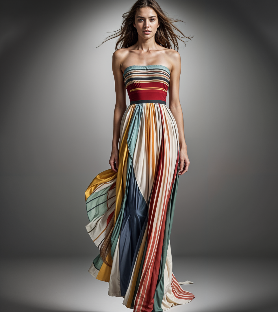 Striped Strapless Pleated Maxi Dress