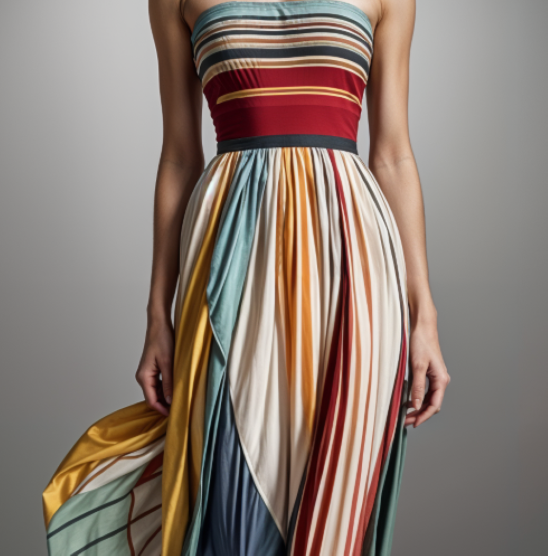 Striped Strapless Pleated Maxi Dress