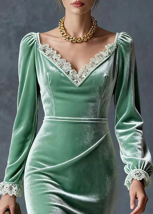 Velvet V-Neck Long Sleeve Lace Trim Ruffle Hem Midi Dress