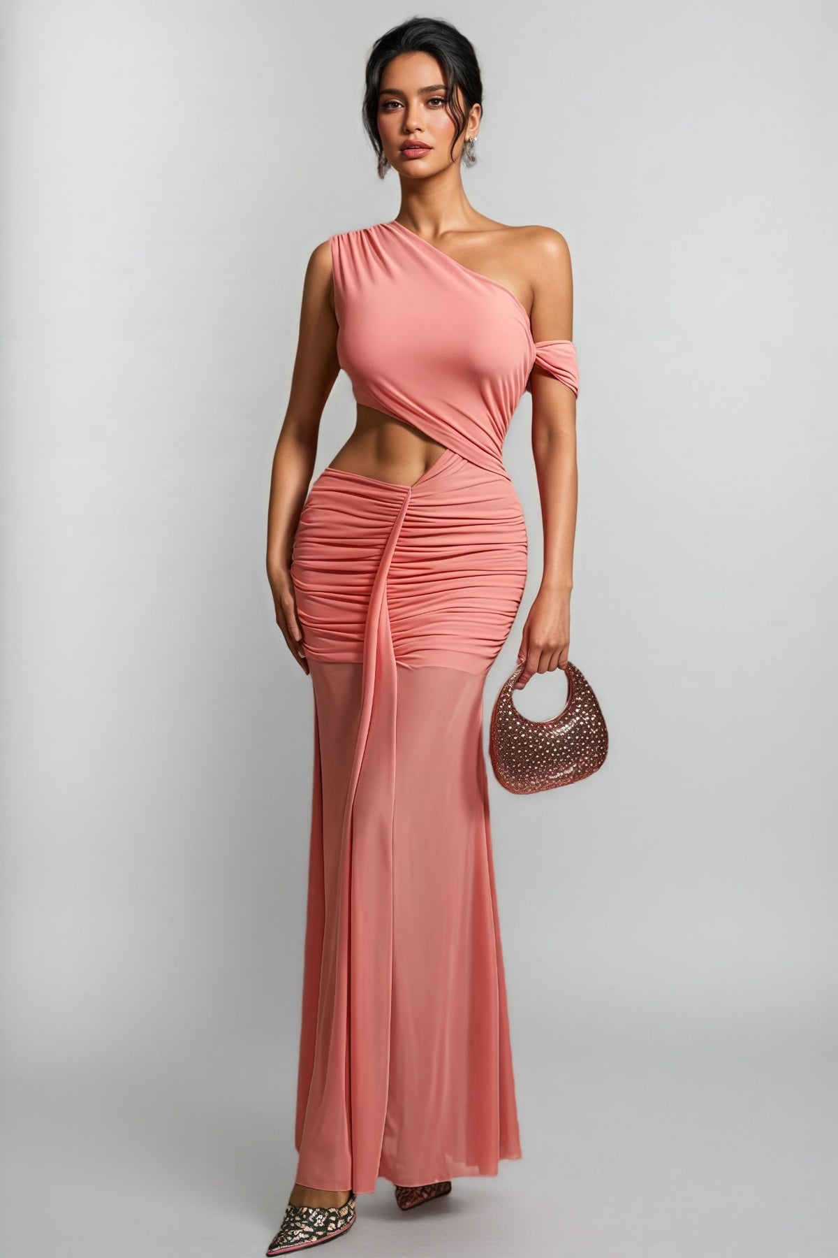 One Shoulder Cut Out Ruched Sheer Mesh Skirt Maxi Dress