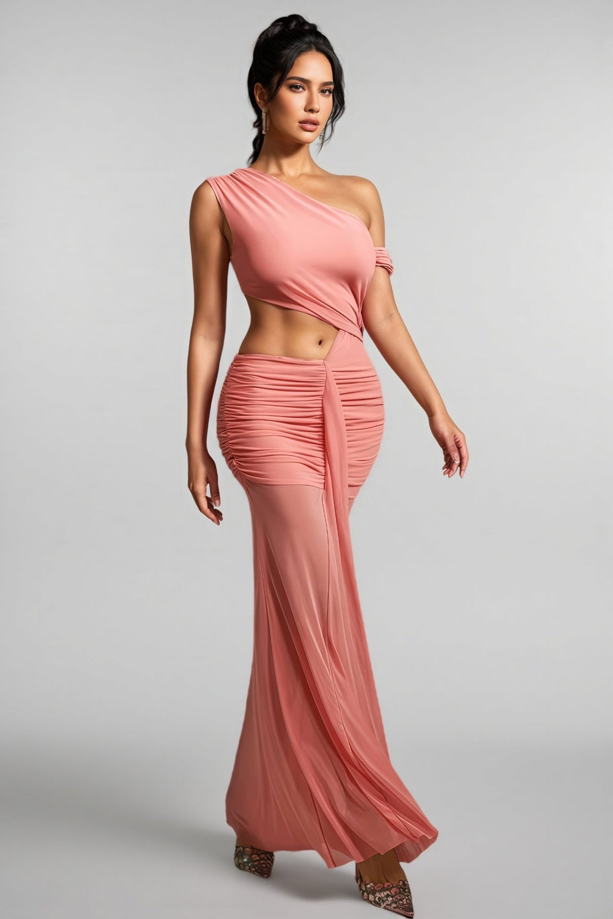 One Shoulder Cut Out Ruched Sheer Mesh Skirt Maxi Dress 5
