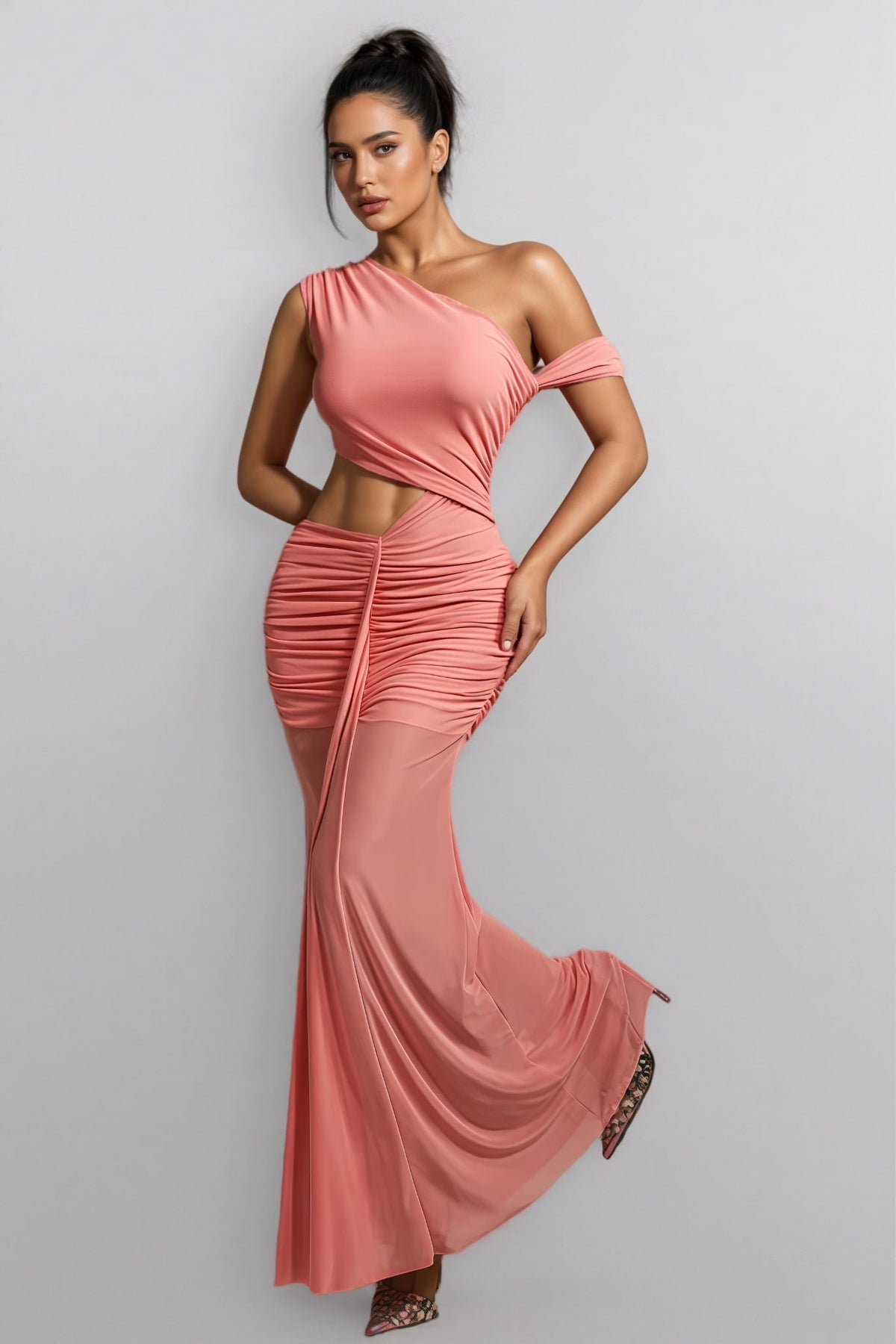 One Shoulder Cut Out Ruched Sheer Mesh Skirt Maxi Dress 3
