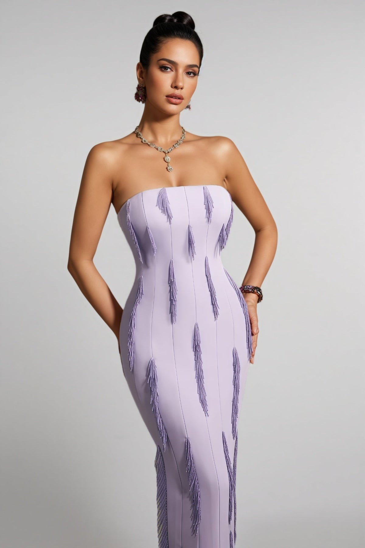 Strapless Beaded Fringe Trim Bodycon Column Maxi Dress 3