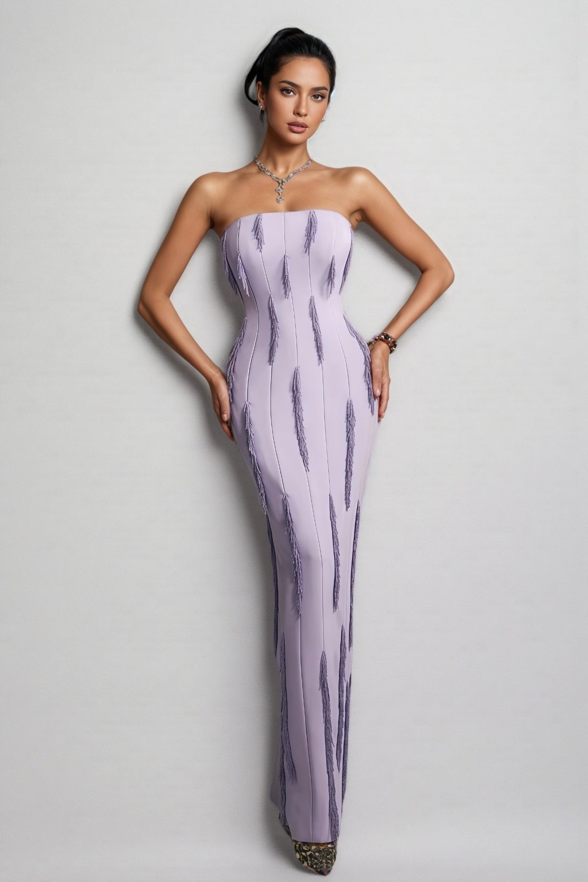 Strapless Beaded Fringe Trim Bodycon Column Maxi Dress