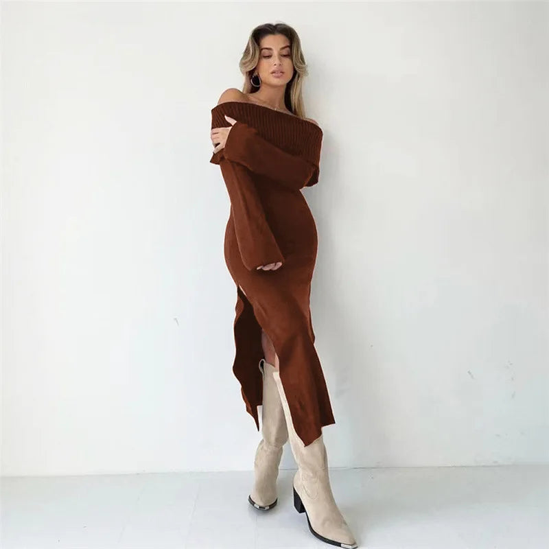 OffShoulder Lapel Neck Long Sleeve Maxi Dress