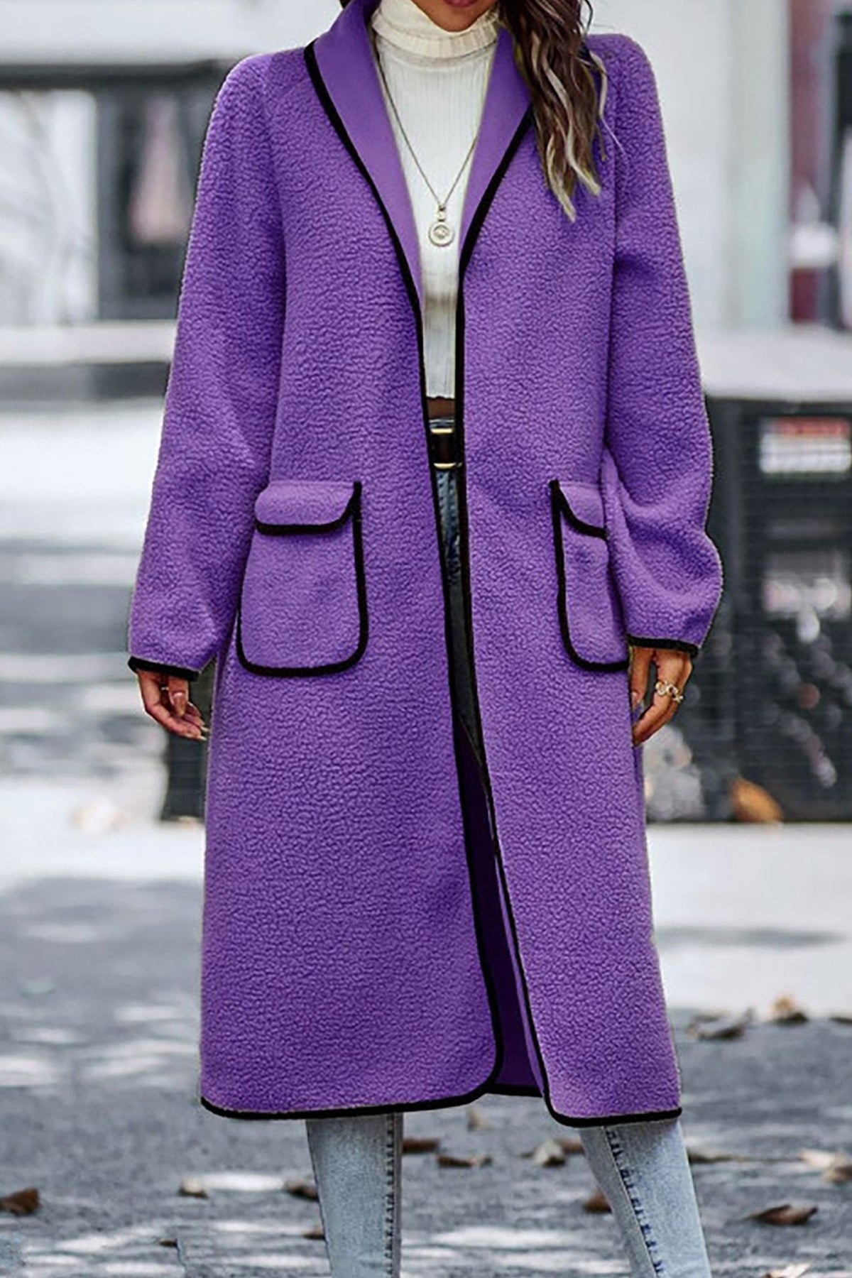 Fleece Contrast Trim Open Front Patch Pocket Longline Coat 4