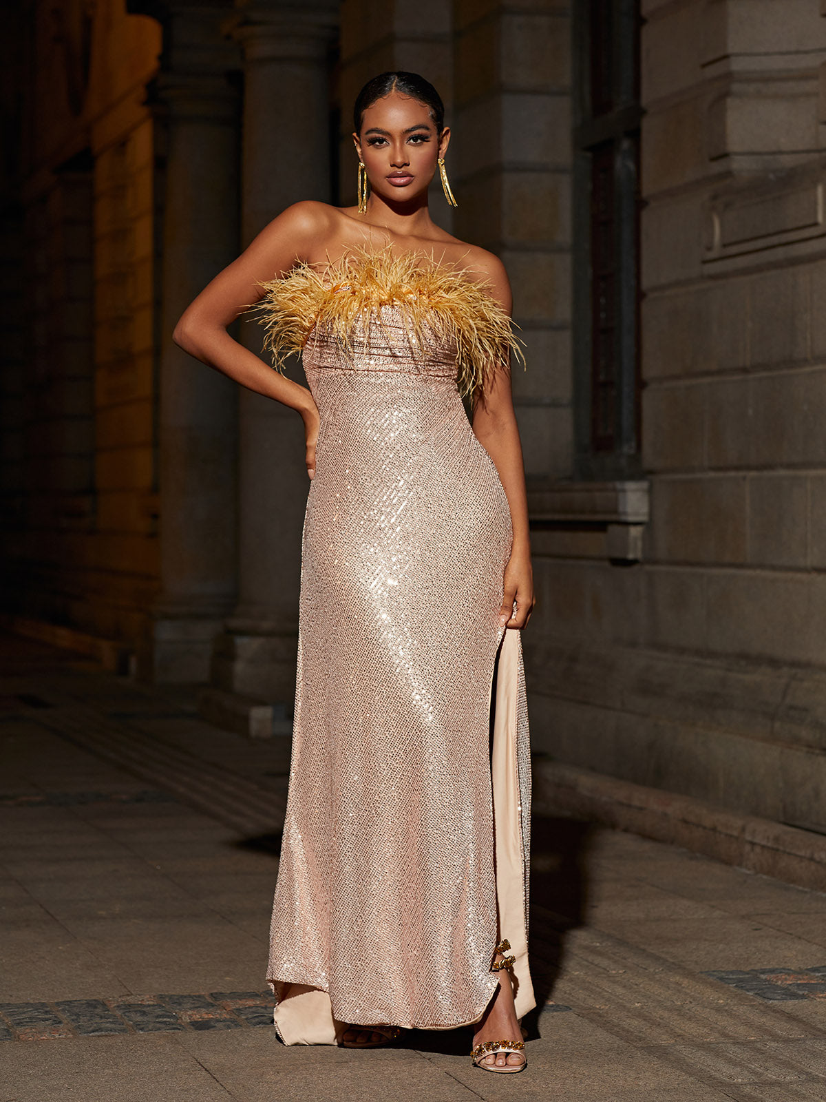 Strapless Feather Trim Sequin High Split Maxi Gown