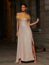 Laurell Strapless Feather Sequin Maxi Dress 4